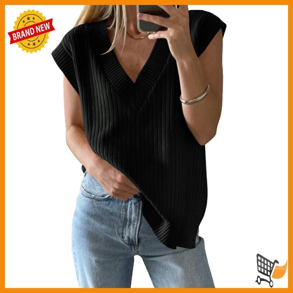 Oversized Ribbed Knit Sweater Vest V-Neck Sleeveless Pullover Tank Top